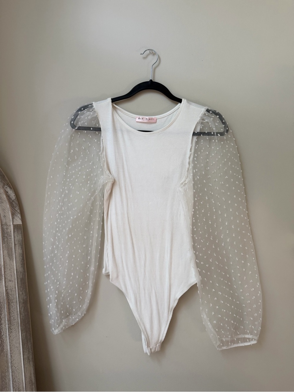 White Ribbed Bodysuit with Sheer Polka Dot Puff Sleeves
